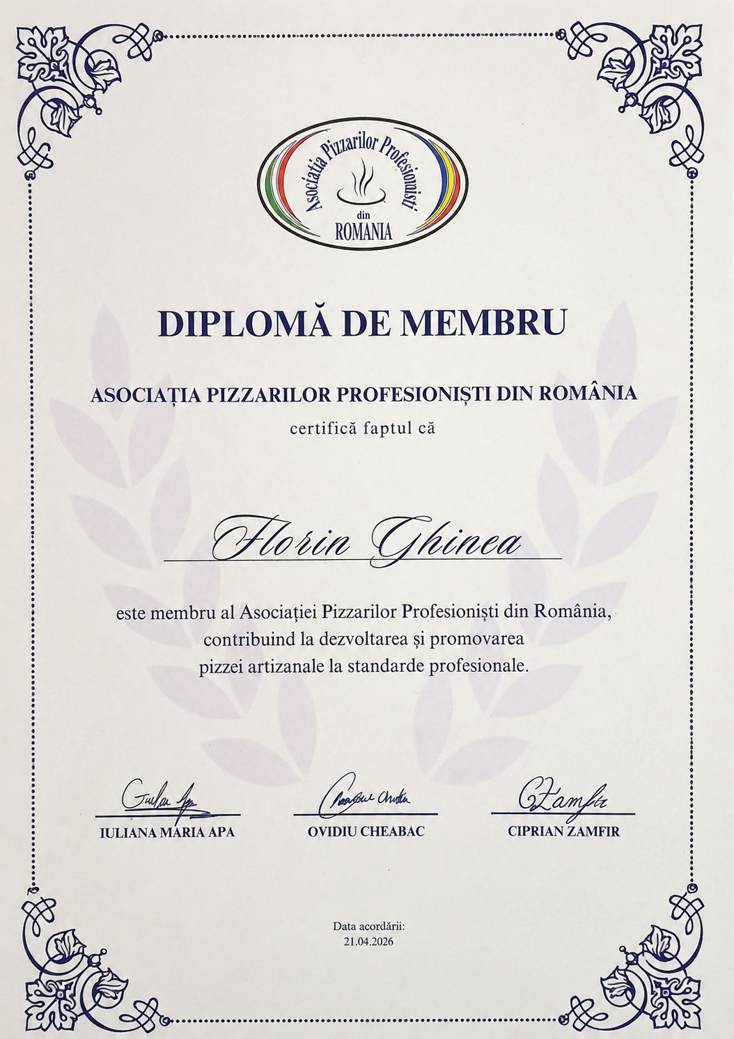 Diplomă de Membru – Asociația Pizzarilor Profesioniști din România